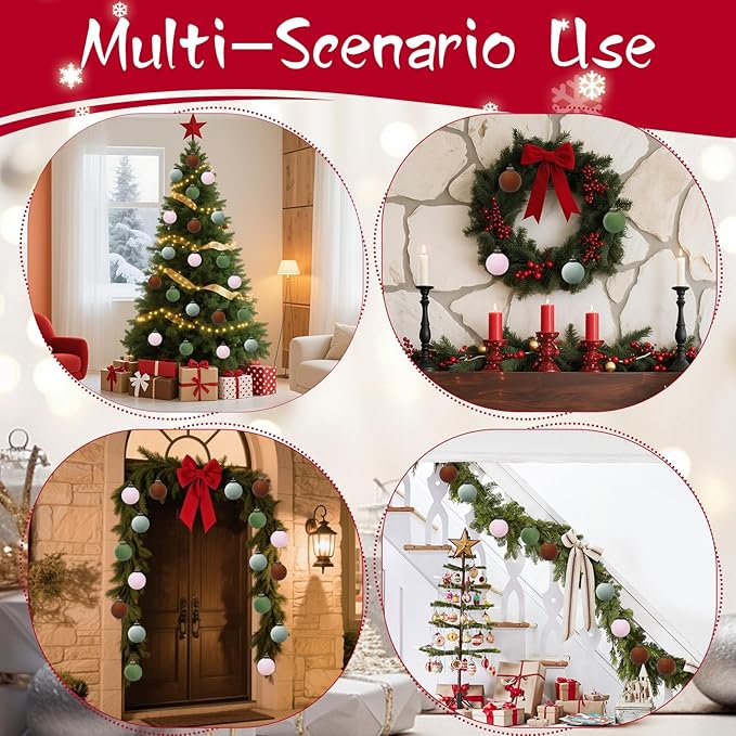 24 Pcs Velvet Christmas Balls Bulk Shatterproof Plastic Christmas Tree Decorations for Decorative Hanging Baubles (24, Green、Brown、Pink、Haze Blue, 3.15Inch)