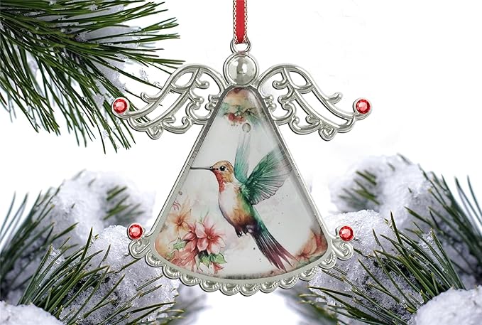XUTAI Lovely Hummingbird and Pink Flowers Angel Christmas Tree Ornaments Pink Flower Christmas Ornament Glass Christmas Hanging Angel Glass Pendant for Holiday Decoration