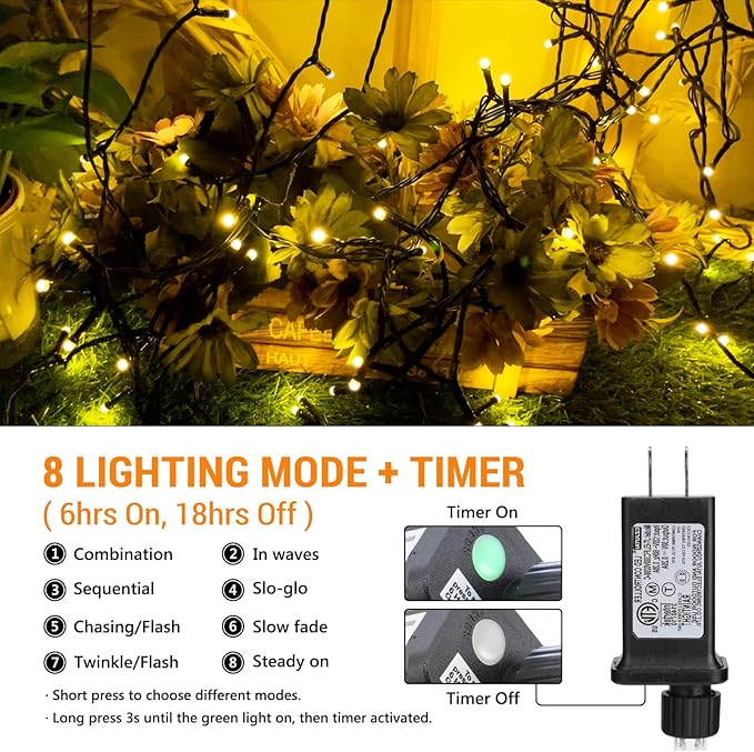 Toodour Christmas Lights Outdoor, 213ft 600 LED String Lights, Timer, Waterproof 8 Modes Outdoor Christmas String Light - Twinkle Light for Tree Home Garden Yard Wedding Party Xmas Decor(Warm White)