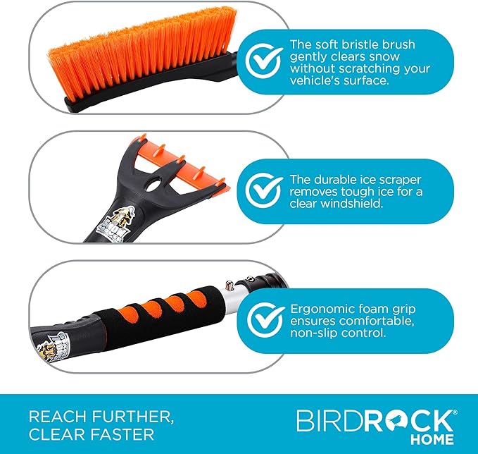 BIRDROCK HOME Snow Brush with Detachable Ice Scraper for Car - Flexible Snow Remover and Windshield Cleaning Tool with Wide Bristle Brush - Winter Sweeper for Auto, SUV - Size: 24" L x 9" W - 1 Pack