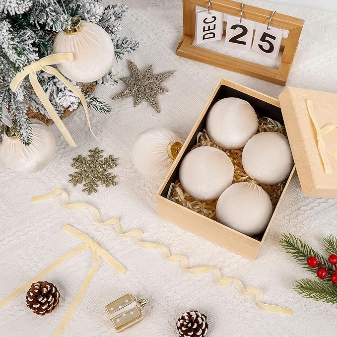 24 Pack Velvet Ornaments for Christmas Tree Decorations, 12 Pcs 3.15 Inch Large Neutral Christmas Ornaments Hanging Flocked Balls and 12 Pcs Velvet Bows for Xmas Tree Holiday Party Decor