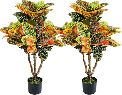 2PCS Artificial Croton Plant, Faux Fiddle Leaf fig Tree,Artificial Trees for Home Decor,Floor Plant,Front Porch Plants with Plastic Pot, Faux Ficus Lyrata Tree,35inch