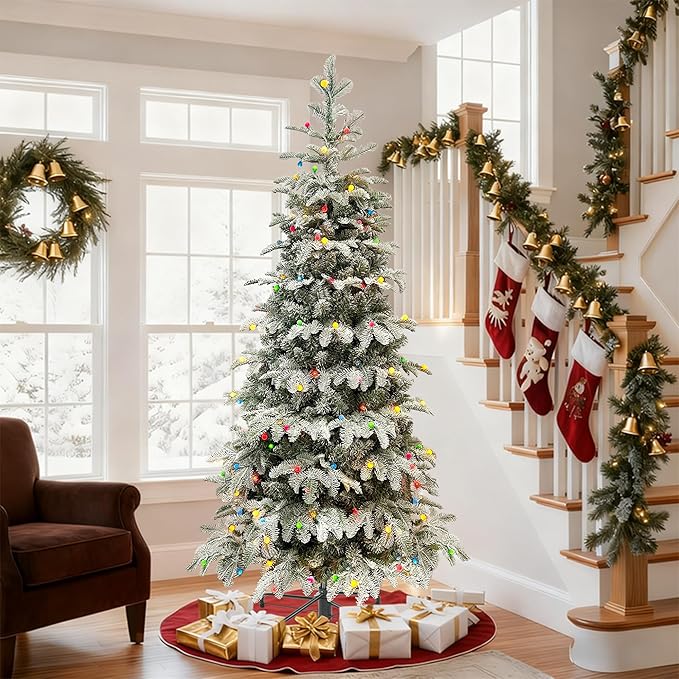 Prelit Christmas Tree 6ft, Artificial Snow Flocked Christmas Tree with 210 Lights, PE & PVC Mixed Layered Tree with Metal Stand, Xmas Tree for Holiday Home Decor