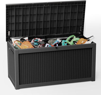 260 Gallon Outdoor Storage Box Waterproof, UV Resistant Resin Deck Box with Hydraulic Rod, Reinforced Stability for Patio, Garden, Rattan Black