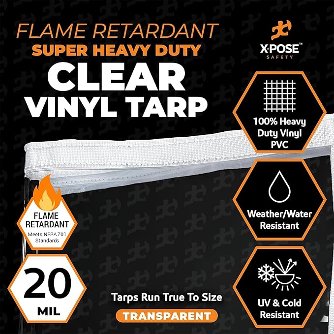 8' x 12' Clear Vinyl Tarp - Fire Retardant 20 Mil Super Heavy Duty Transparent Waterproof PVC Tarpaulin with Brass Grommets - for Patio Enclosure, Temporary Wall, Multipurpose - by Xpose Safety
