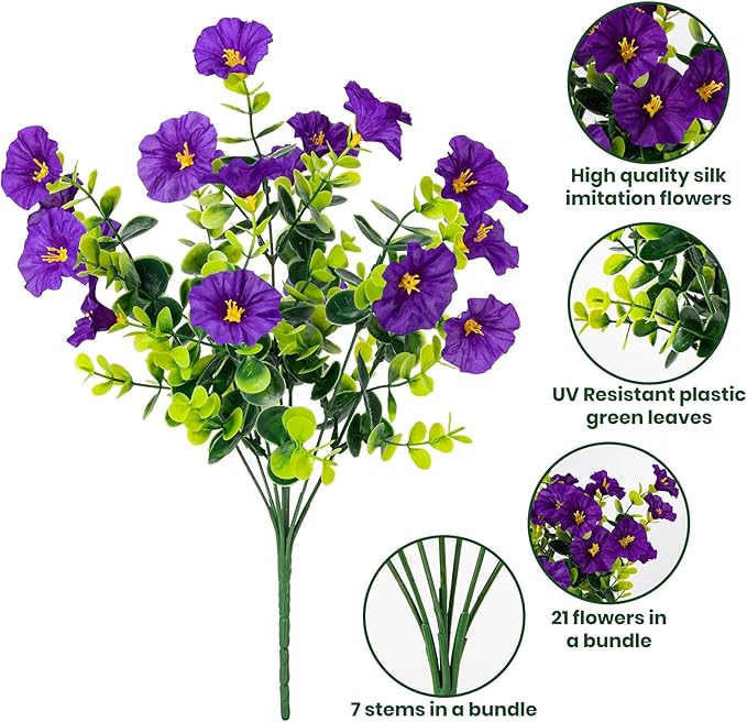 Artificial Faux Flowers for Outdoor 16 Bundles Boxwood Fake Morning Glory for Planter,UV Resistant Fake Flowers for Home Porch Patio Outside（Purple）