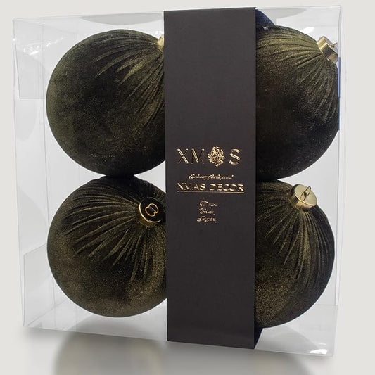 4PCS Green Velvet Christmas Ornaments Set – 6 Inch Large Flocked Shatterproof Baubles for Xmas Tree Decoration, Hanging Ornaments for Holiday & Home Décor (Green, 6 Inch / 15 cm)