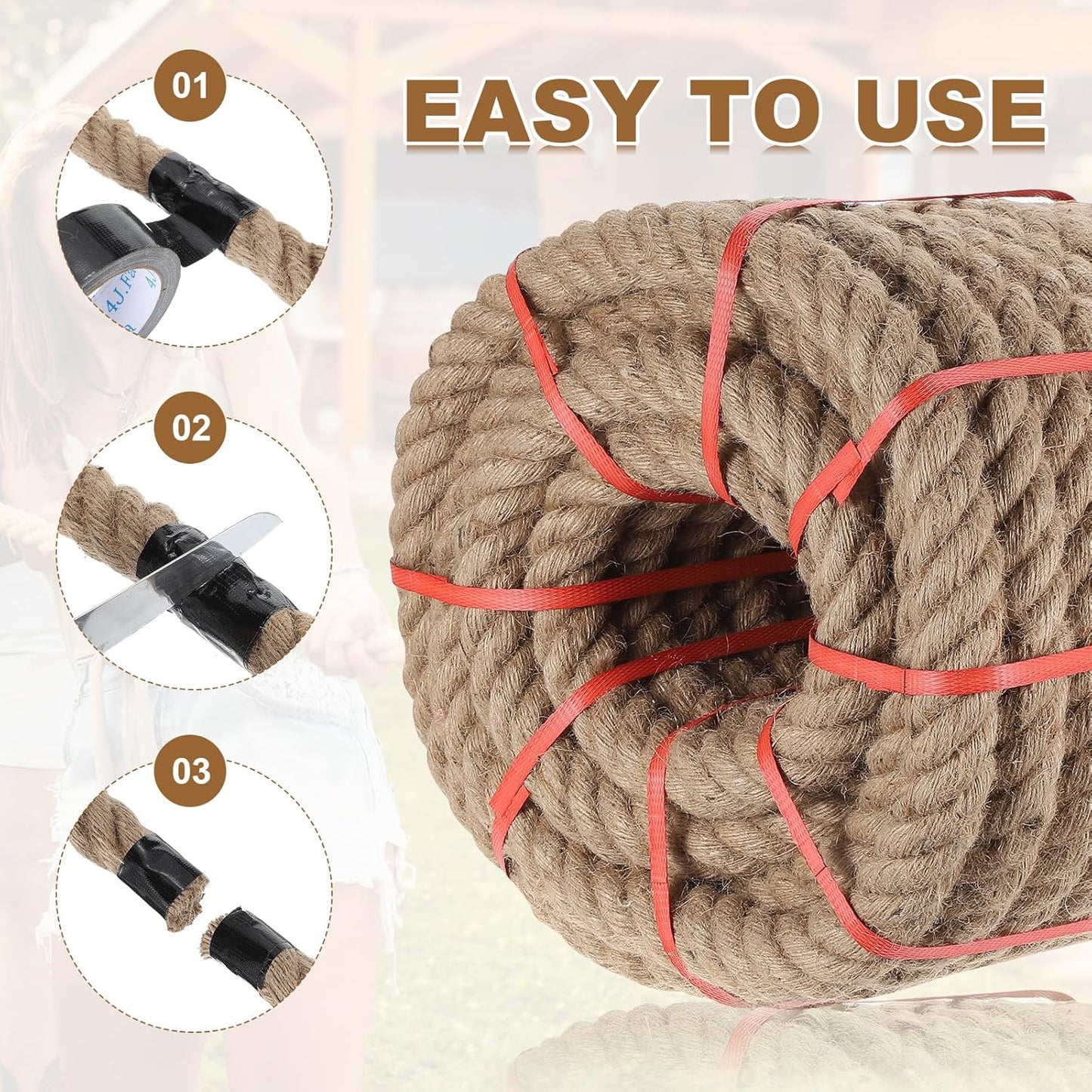 MECCANIXITY Jute Rope 1.1 Inch x 85ft, Thick Twine Rope Ropes Braided Jute Twine Natural Brown Burlap Cord String Heavy Twisted with Tapes for Decorative Crafts Railing Swing Tug of War