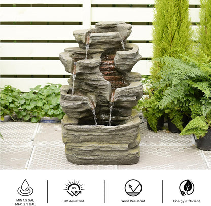 24.2" H Rock Cascading Water Fountain Outdoor&Indoor, 6-Tier Garden Naturefalls Fountains, Floor-Standing Waterfall with Lights for Patio, Backyard, Deck, Porch, Home DéCor, Stone Gray