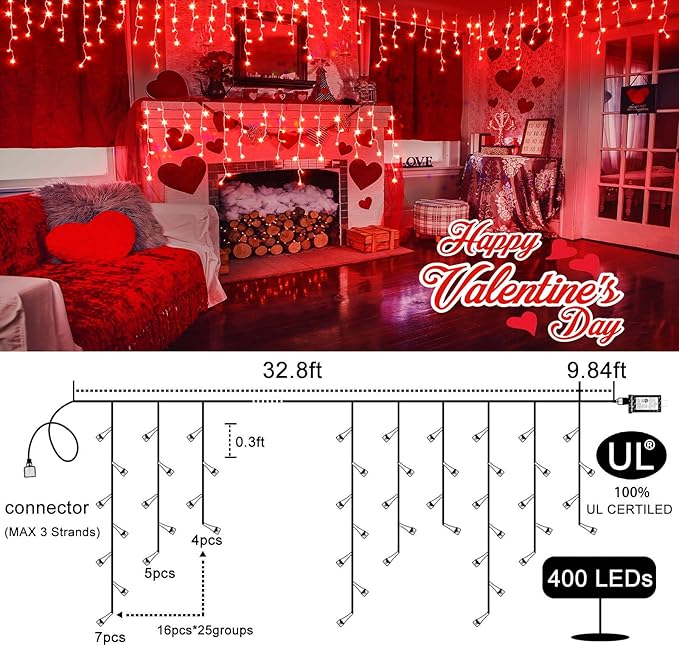 Icicle Lights for Outside, 33ft 400 LED Icicle Christmas Lights Outdoor with 75 Drops 8 Modes, Waterproof Red Christmas Light for House Plug in for Indoor Party Holiday Halloween Decorations