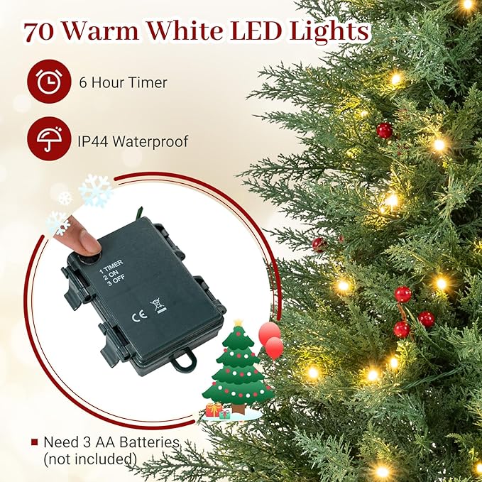 Happygrill 2 Pack 4 FT Pre-lit Cypress Christmas Trees, Potted Entrance Xmas Trees w/70 Warm White LED Lights, Timer, Red Berries, Battery-Operated Artificial Cypress Tree for Front Porch & Holiday