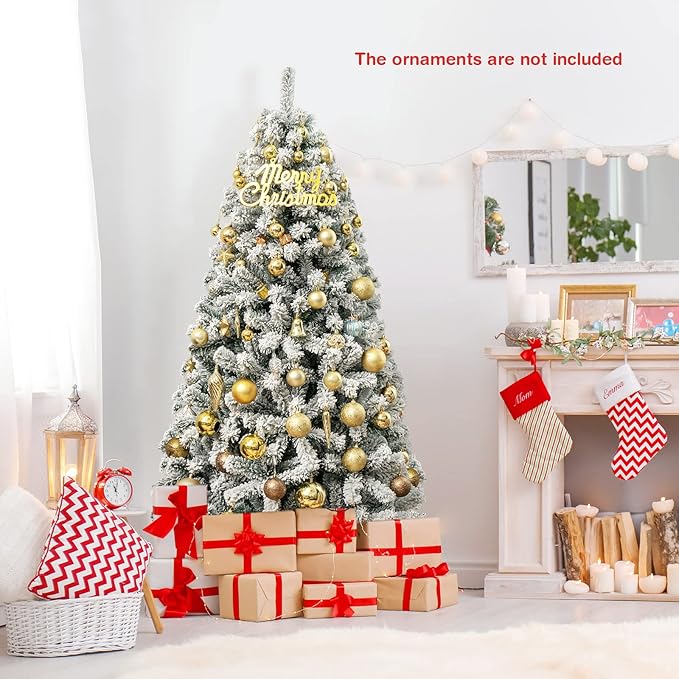 COSTWAY 6 FT Snow Flocked Christmas Tree, Artificial Holiday Hinged Pine Tree with 600 Branch Tips, Solid Metal Stand, Premium Xmas Full Fake Tree for Home, Office, Party Decoration