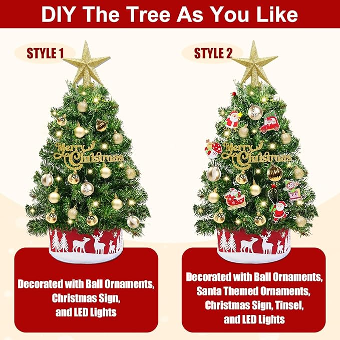 24" /2FT Mini Christmas Tree with Lights Timer 30 LEDs & 34 Ornaments, Small Tabletop Christmas Trees Artificial Christmas Decorations for Indoor Desk Room Office Home Decor Xmas