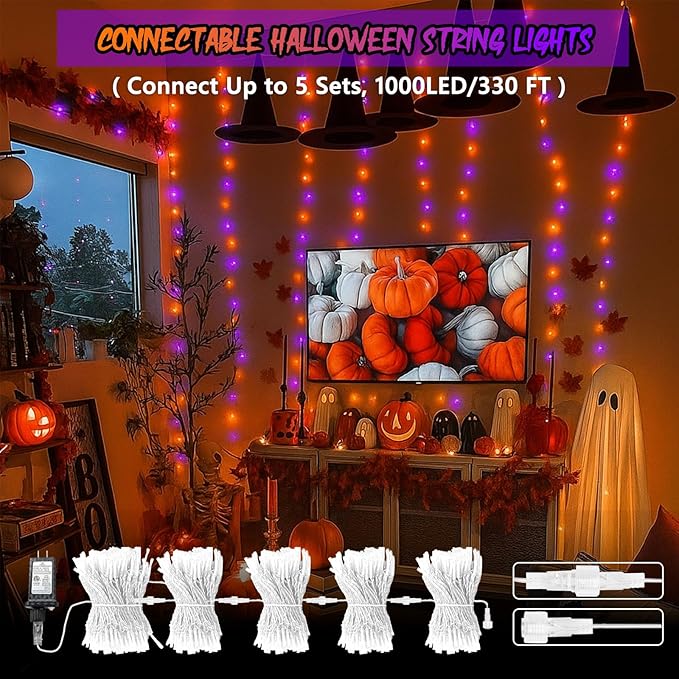Upgraded Connectable 200 LED Halloween String Lights Outdoor Indoor, 66FT Orange and Purple Halloween Lights 13 Modes, Waterproof Twinkle Fairy Lights Plug in Clear Wire for Tree, Bedroom Decoration