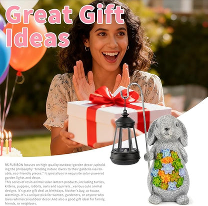 Solar Rabbit Garden Statue with Lantern – Waterproof Resin Outdoor Decor for Yard, Lawn, Patio, Garden – Gift for Easter, Christmas, Housewarming – Solar Garden Decor