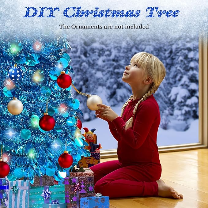 5 FT Pencil Christmas Tree, Collapsible Artificial Sequin Pop Up Christmas Tree, Skinny Pencil Tinsel Christmas Trees, Xmas Tree for Home Apartment Basement Fireplace (Pure Blue)