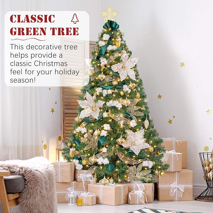 4FT Pre-Lit Green Christmas Tree, Small Artificial Holiday Fir Xmas Tree with 450 PVC Branch Tips, 150 Warm Lights, Foldable Base for Home, Party Decoration