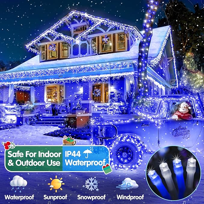 Heceltt Christmas Lights Outdoor, 522FT 1300 LED String Lights with 8 Lighting Modes, Timer Memory Twinkle Fairy Lights Waterproof Plug in for Xmas Tree Wedding Party Holiday Decor(Blue and White)