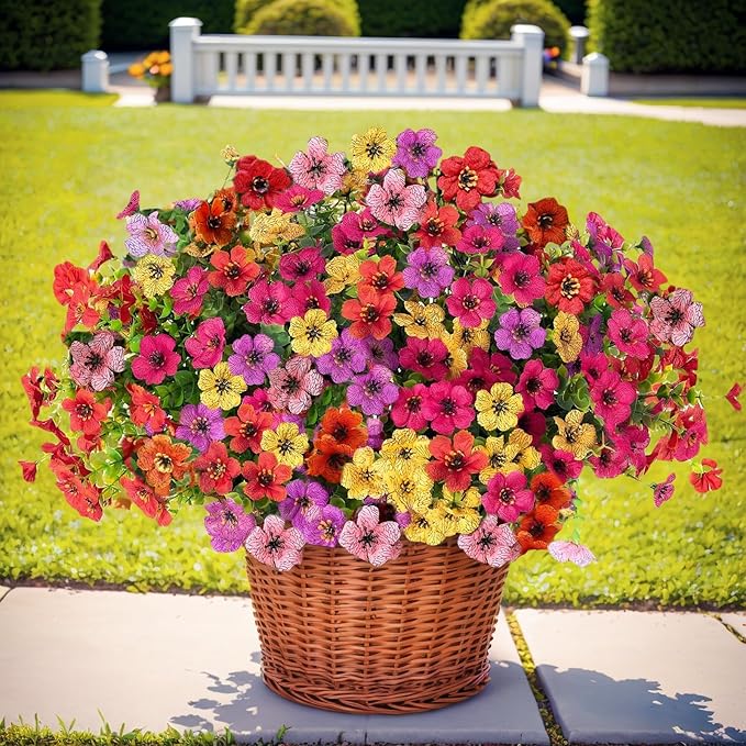 SHIAWASENA Realistic Outdoor Fake Plants Flowers, Artificial Flowers, UV Resistant, 12 Bundles Faux Silk Colorful Violet Flowers Bouquet with Eucalyptus