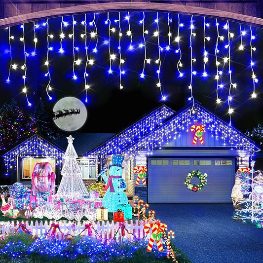 Christmas Lights Outdoor, 164FT 1600 LED Ice Lights for Outside, 320 Drops Ice String Lights with 8 Modes, Waterproof Timer & Memory for Yard, Garden, Eaves, Patio, Party (Blue and Cool White)