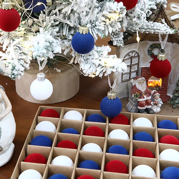 Sea Team 64-Pack Miniature Flocked Velvet Christmas Tree Ball Ornaments Set, Hanging Velour Baubles, Shatterproof Plastic Decorations for Xmas Tree, Wreath, Garland, 30mm/1.18 Inches, US Flag