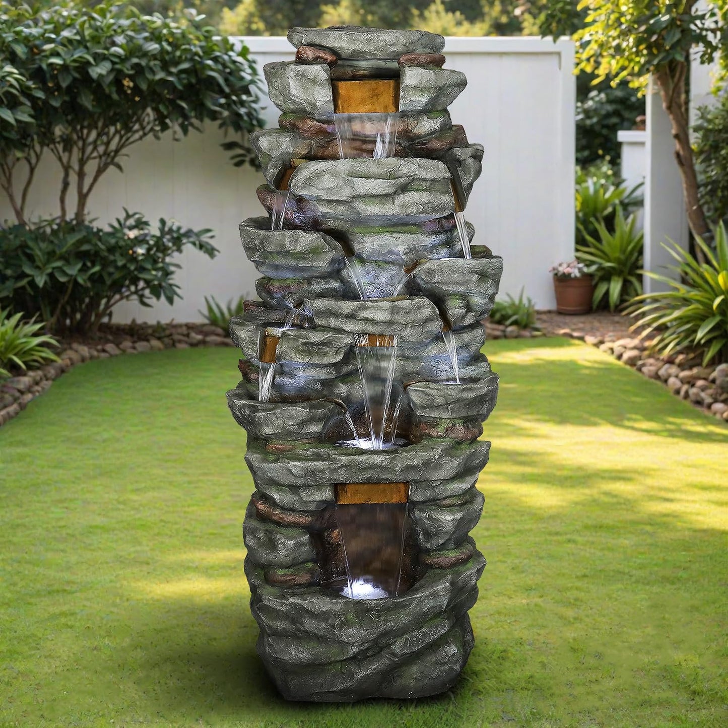 SunJet 79" High Multi-Tiers Cascading Rock Outdoor Water Fountain with LED Lights - Large Outdoor Fountains and Waterfalls for Garden or Patio, Yard, and Deck Decor, Featuring Natural Stone Look