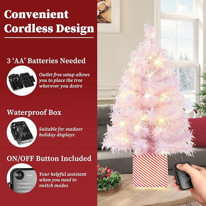 Brightever 2FT Small Christmas Tree, Prelit Pink Mini Christmas Tree with 50 Multi-Color LED Lights, Unique Gift Box Base, Battery Powered Little Xmas Tree for Bedroom