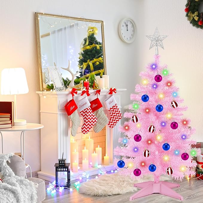 [ Timer & 12 Modes ] 3Ft Pink Christmas Tree with 50 Warm White&Color Lights 3D Star Battery Operated Christmas Day Decor Tree Indoor Home Tables Holiday Christmas Decorations