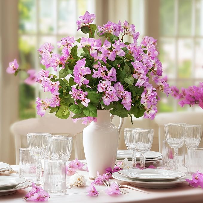 4 Pcs Artificial Flowers Bougainvillea Outdoor Artificial Plants Faux Flowers with Stems Silk Flowers for Wedding Porch Living Garden Decor(4PCS,White Purple)