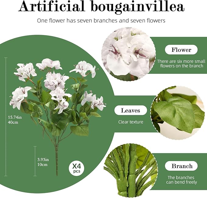 4 Pcs Artificial Flowers Bougainvillea Outdoor Artificial Plants Faux Flowers with Stems Silk Flowers for Wedding Porch Living Garden Decor(4PCS,White)