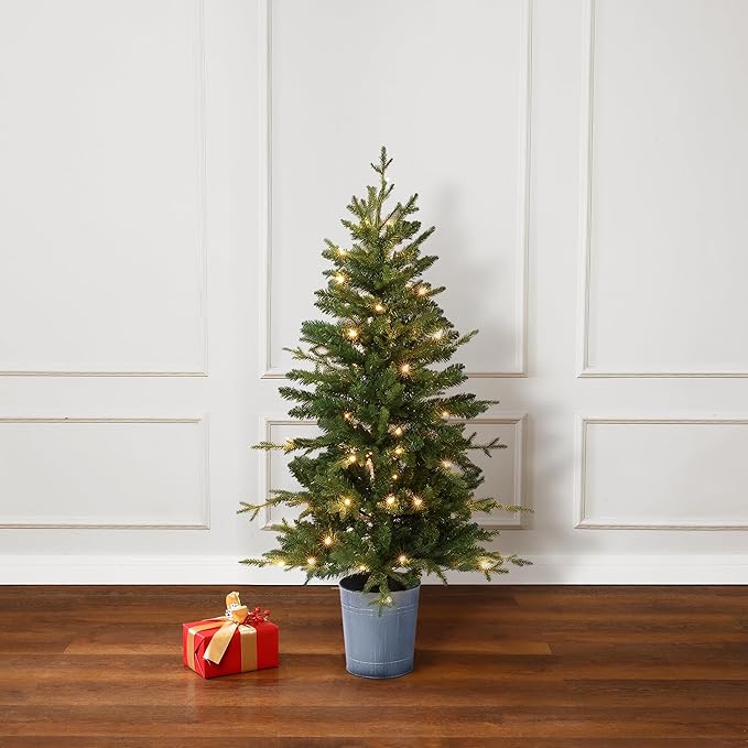LuxenHome 4FT Small Christmas Tree, Prelit Slim Potted Christmas Trees with 70 Warm White LED Lights, Lighted Artificial Tree with Metal Pot, Small Faux Holiday Tree for Indoor Home, Office Decor