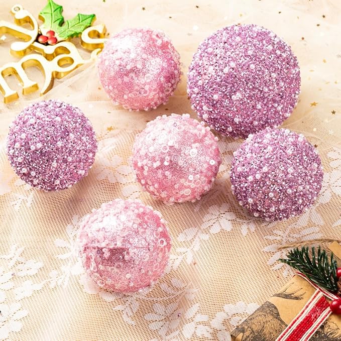8CT Christmas Ball Ornaments, Pink Christmas Ball Decorations Shatterproof Plastic Hanging Pearl Balls for Holiday Party(90mm/3.54")
