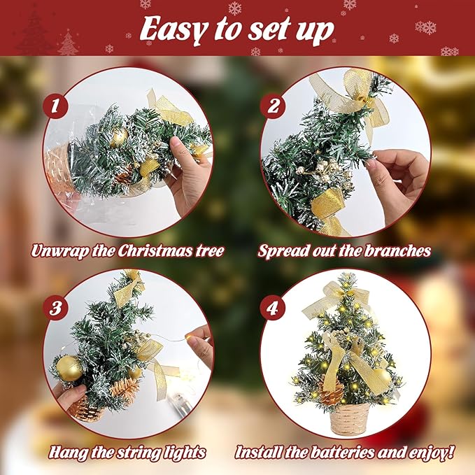 FR 12 Inch Tabletop Christmas Tree,Wintry Pine,Decorated with Pine Cones Berry Clusters,with LED Lights,for Desktop Centrepiece,Mantelpiece,Indoor DIY Christmas Decoration/Gold