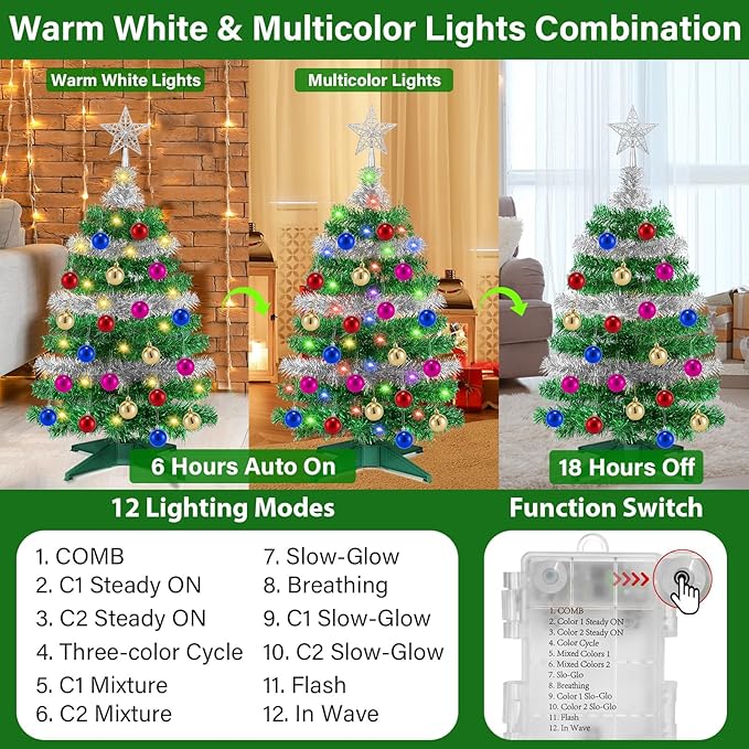[ 12 Modes & Timer ] 3 Ft Green & Silver Small Christmas Tree with 50 LED Lights, 20 DIY Ornaments, Battery Operated Prelit Christmas Tree Indoor Home Fireplace Holiday Xmas Christmas Decorations