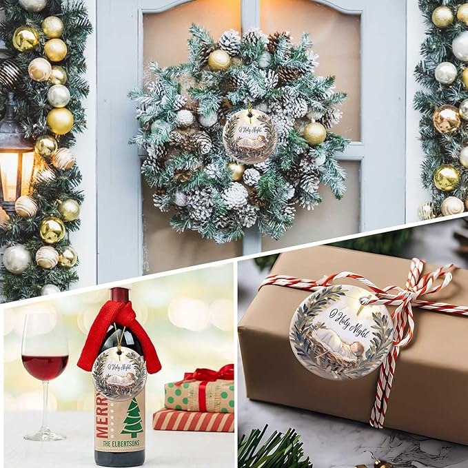 O Holy Night Ornaments Round Ceramic Silent Night Birth of Jesus Cross Christ Ornament Christmas Keepsake Decor for Christmas Tree Winter Holiday Xmas Gift for Women Men Xmas Hanging Ornament 3"