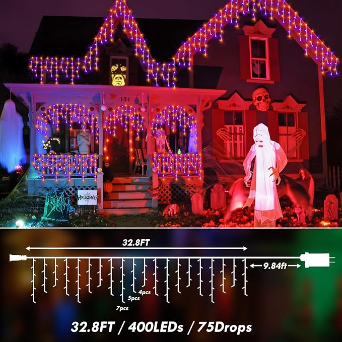 KNONEW Orange Purple Halloween Lights 33FT 400 LED String Lights Outdoor with 75 Drops, 8 Lighting Modes, Timer Memory Function Connectable Hanging Curtain Lights for Halloween Party Decor