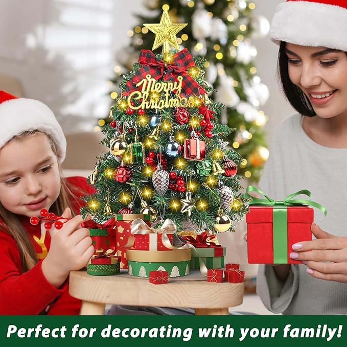 SVNVIOZ 2FT Small Tabletop Mini Artificial Christmas Tree with Lights, Red Green Ornaments - Xmas Tree for Holiday Home Decoration