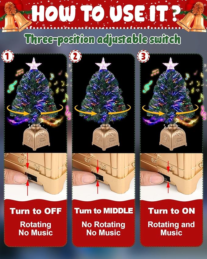 2FT Rotating Musical Tabletop Christmas Tree with Lights, Pre-Lit Green Fiber Optic Mini Xmas Tree with Spinning Music Base for Small Space Home Office Desk Holiday Decor