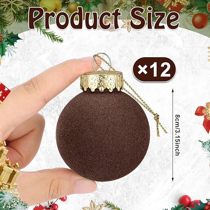12 Pcs Velvet Christmas Balls Flocked Christmas Tree Hanging Ornaments Shatterproof Plastic Hanging Balls Decorations for Xmas Tree Party Home Holiday Decor (Brown, 3.15 inch)