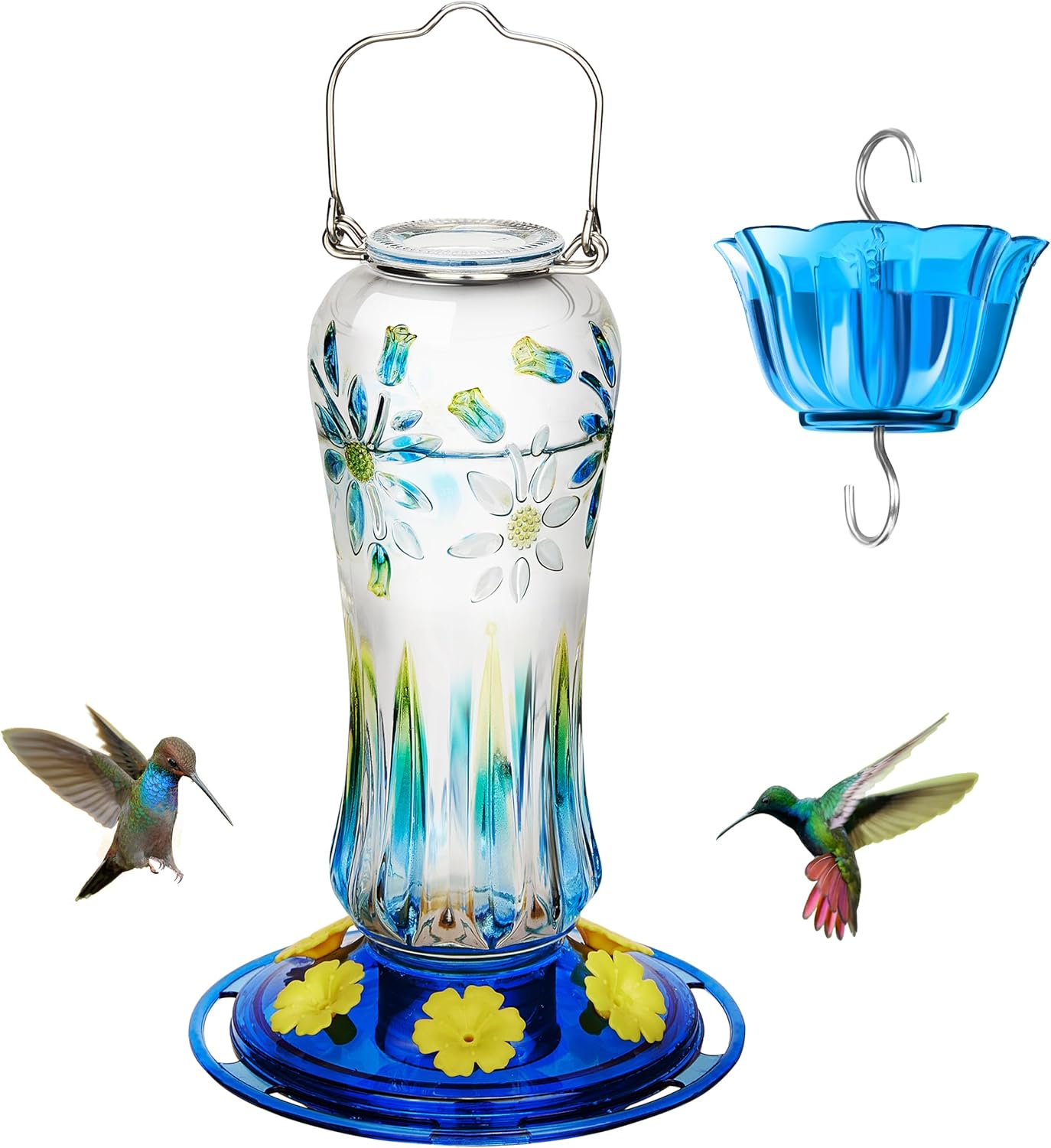 Kingsyard Hummingbird Feeder for Outdoors Hanging, 25 Ounces, Glass Humming Bird Nectar Feeder with Ant Moat & 6 Feeding Ports, Leak Proof, Blue