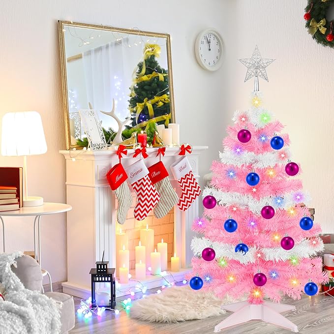 [ Timer & 12 Modes ] 3 Ft Pink & White Valentines Christmas Tree with 50 Warm White&Color Lights 20 Ball Ornaments 3D Star Battery Operated Remote Small Valentines Tree Valentines Day Decorations