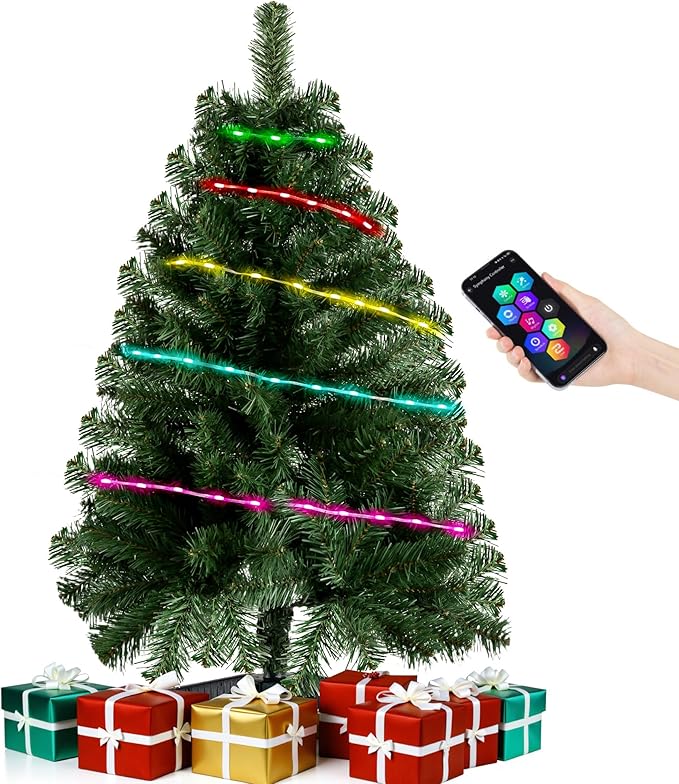 Green 3ft Christmas Tree with Lights, Small 36inch Artificial Tree Mini Table Top Decorations, Xmas Desk Tree with 80 Colored Lights, 200 Branch, Holiday Decor for Home,Indoor Office Tabletop