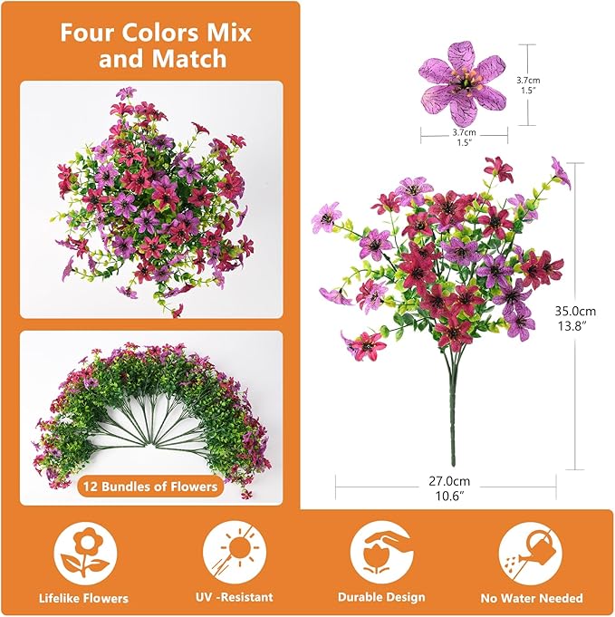 Artificial Flowers for Outdoors, 12 Bundles Multicolor Faux Silk Flower Spring Summer Decoration, Artificial Plants Fake Outdoor Flowers UV Resistant No Fade for Home Planter Porch Patio Yard Decor