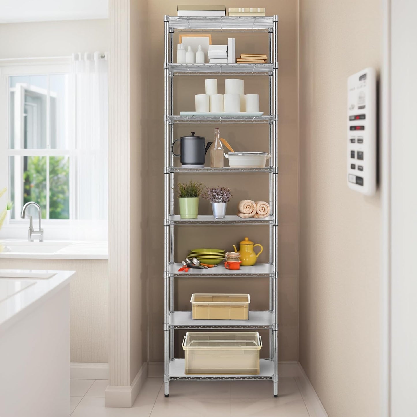 Finnhomy 8-Tier Wire Shelving Unit Adjustable Steel Wire Rack Shelving, 80.7 Inches Height 8 Shelves Metal Storage Rack, Pantry Shelves for Storage with PE mat, NSF Certified, Chrome