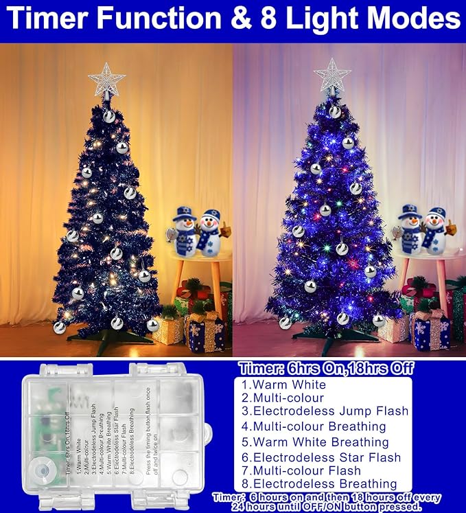 4 Ft Christmas Tree Remote Control 8 Modes Dual Color Change Timer 100 Warm White&Colored Lights 18 Christmas Ball Ornaments 3D Star Battery Operated Small Xmas Tree Table Indoor Holiday Party Decor