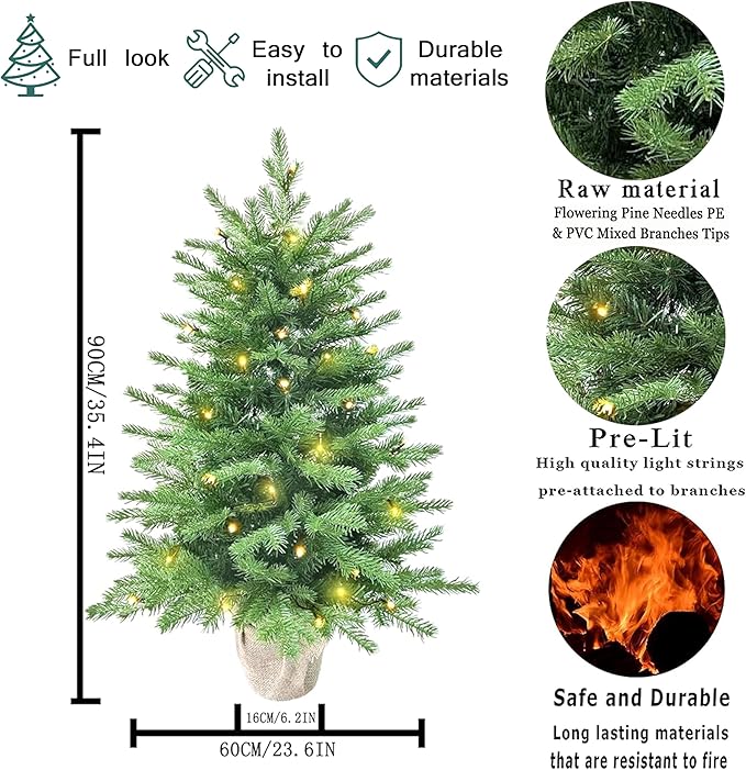 3ft Pre-Lit Mini Fir Christmas Tree,Artificial Pine Xmas Tree,106 PE Branches Tips & 84 PVC Branches Tips & UL Certification LED Lights & Burlap Wrapped Base for Tabletop Desk,Battery Operated
