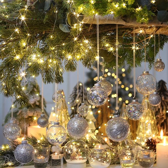 Sea Team 50mm/1.97" Shatterproof Clear Plastic Christmas Tree Ball Ornaments Set, Decorative Hanging Transparent Xmas Baubles with Stuffed Delicate Decorations (30 Counts, Silver)