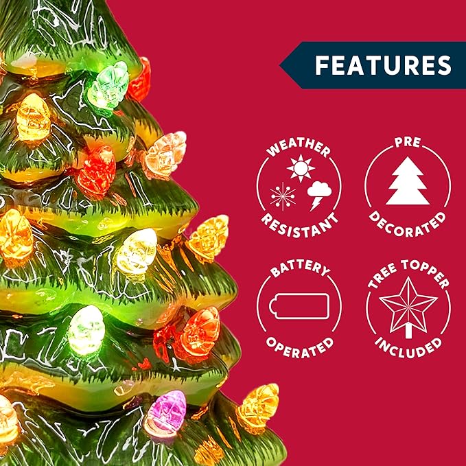 Joiedomi 7" Ceramic Christmas Tree with Gift Box, Mini Prelit Tabletop Christmas Tree with Multicolored Bulbs for Best Desk Decoration