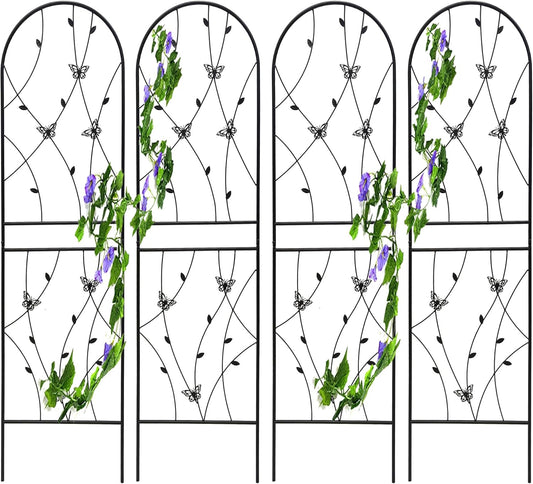 4 Pack Metal Garden Trellis for Climbing Plants, 71" Tall Rustproof Outdoor Trellis Panel with Butterfly Design, Decorative Black Iron Plant Support for Vine, Rose, Flower, Garden Wall