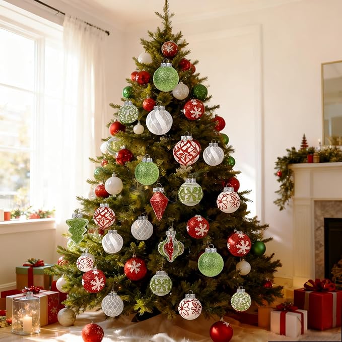 43 PCS Christmas Ball Ornaments Set, Clear Plastic Shatterproof White Red and Green Christmas Ornaments Hanging Balls Baubles Xmas Tree Decorations for Holiday Home Indoor Wedding Party Decor